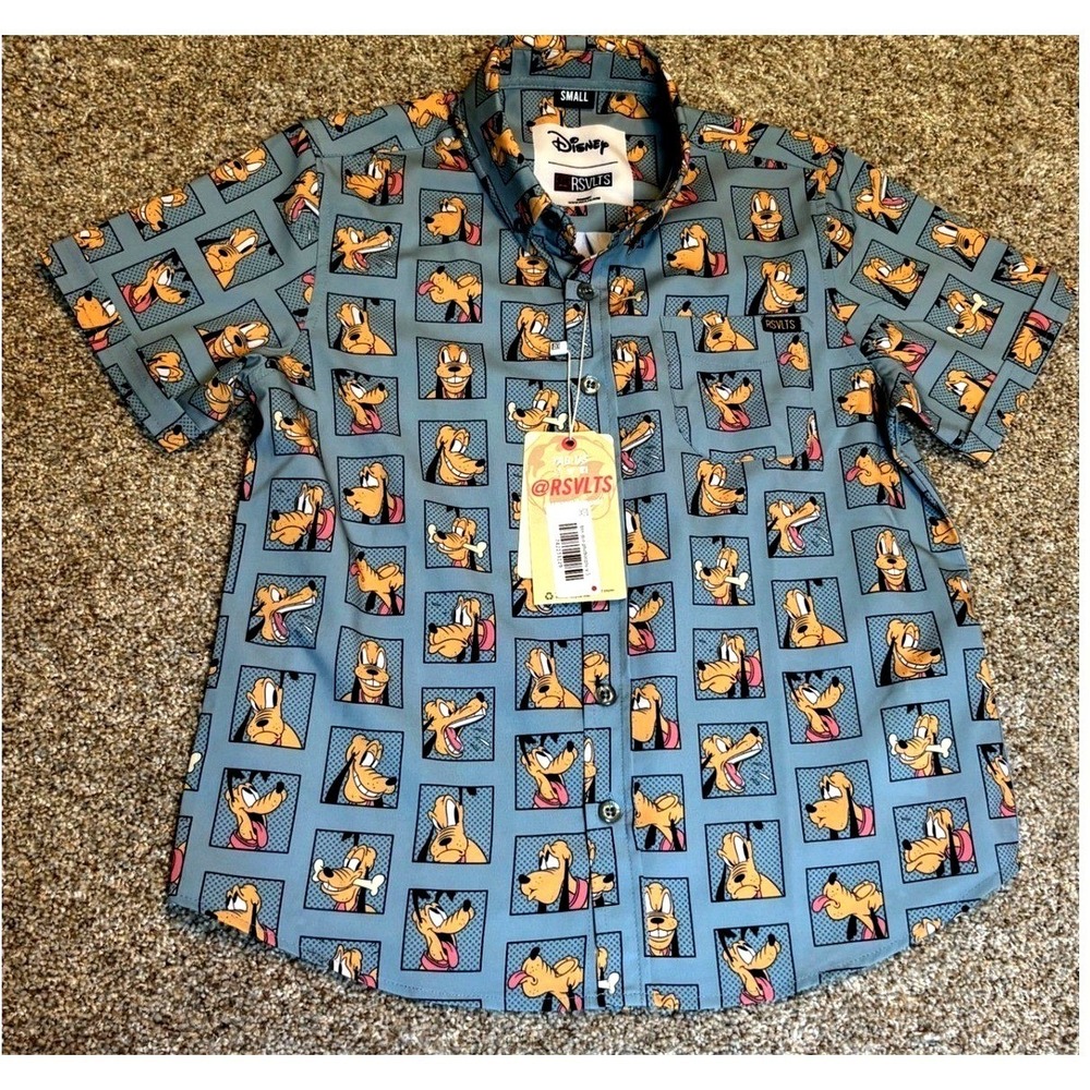 NWT RSVLTS  Disney Pluto Button Down Shirt Kids Small Blue KUNUFLEX Short Sleeve